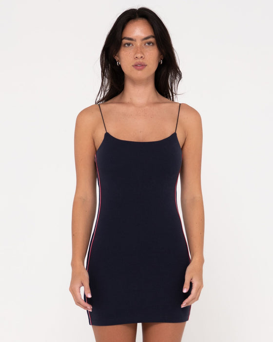 woman-wearing-racer-mini-dress-in-navy