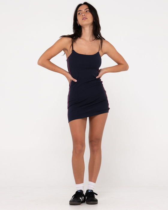 woman-wearing-racer-mini-dress-in-navy