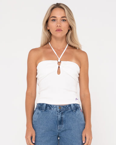 Woman wearing Emma Ring Skimmer Top in White