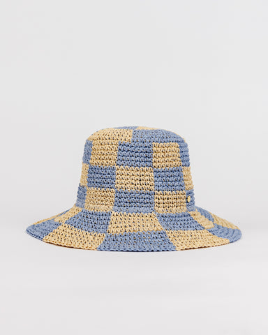 Womans Ariel Straw Bucket Hat in Natural / Celestial Blue