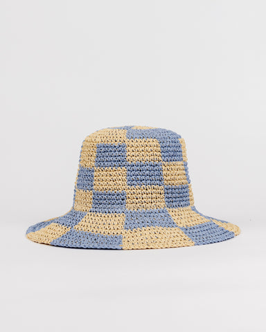 Womans Ariel Straw Bucket Hat in Natural / Celestial Blue