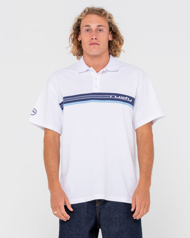 Man wearing Peko Peko Short Sleeve Polo in White