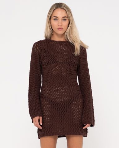 Woman wearing Amalfi Long Sleeve Knit Mini Dress in Java