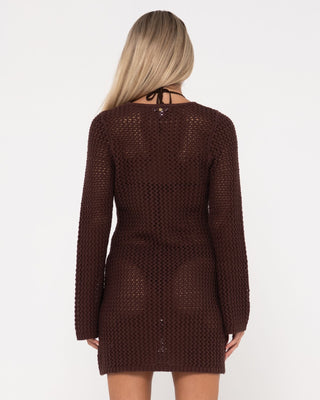 Woman wearing Amalfi Long Sleeve Knit Mini Dress in Java