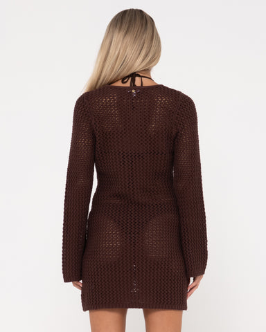 Woman wearing Amalfi Long Sleeve Knit Mini Dress in Java