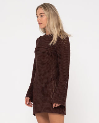 Woman wearing Amalfi Long Sleeve Knit Mini Dress in Java