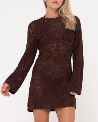 Woman wearing Amalfi Long Sleeve Knit Mini Dress in Java
