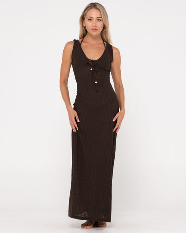 Woman wearing Vita Sheer Knit Maxi Dress in Java