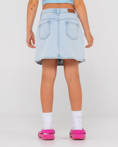 Girl wearing Mavericks Low Rise Denim Skirt Girls in Sky Blue Heather