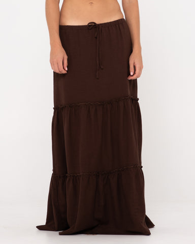 Woman wearing Violeta Low Rise Maxi Skirt in Java