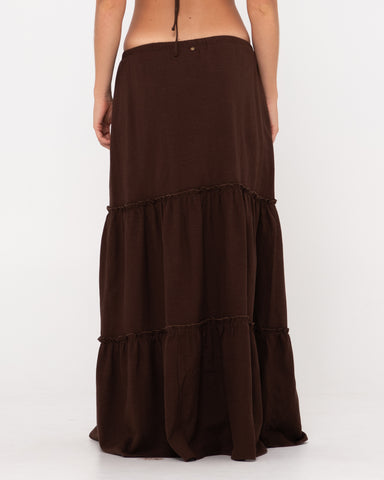 Woman wearing Violeta Low Rise Maxi Skirt in Java