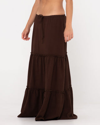 Woman wearing Violeta Low Rise Maxi Skirt in Java
