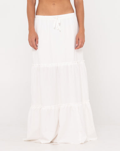 Woman wearing Violeta Low Rise Maxi Skirt in Snow