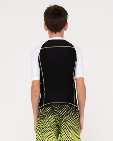 Boy wearing Y2shay Short Sleeve Surf Top Boys in Black / White