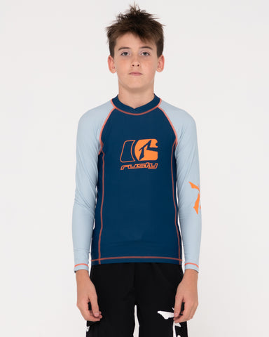 Boy wearing Y2shay Long Sleeve Surf Top Boys in Navy / Grey