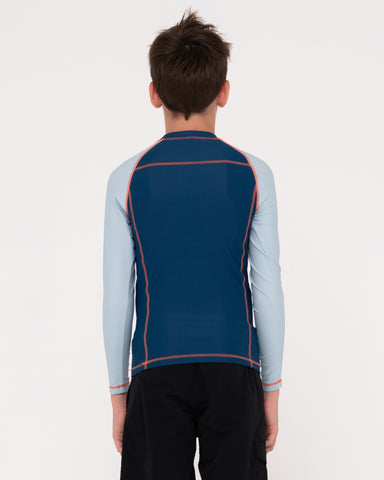 Boy wearing Y2shay Long Sleeve Surf Top Boys in Navy / Grey