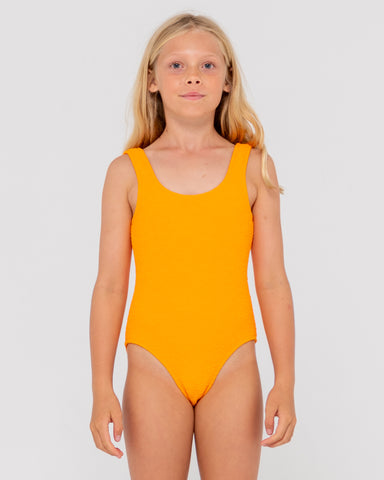 Girl wearing Sandalwood One Piece Girls in Bright Tangerine