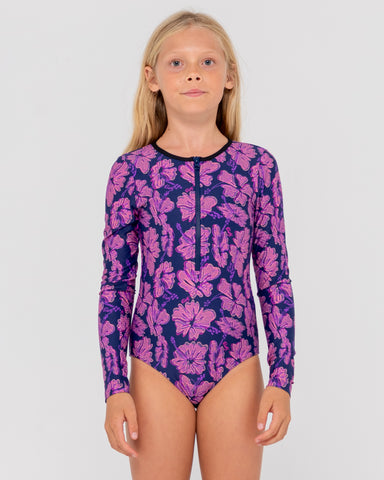 Girl wearing Hibiscus Long Sleeve One Piece Girls in Fuchsia