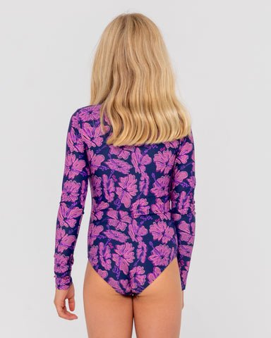 Girl wearing Hibiscus Long Sleeve One Piece Girls in Fuchsia