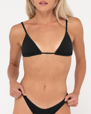 Woman wearing Sandalwood Slick Triangle Bikini Top in Black