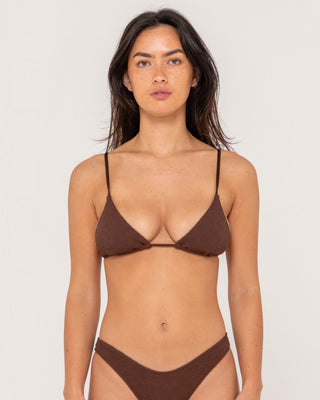 Woman wearing Sandalwood Slick Triangle Bikini Top in Java