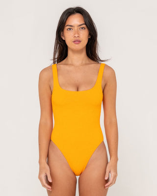 Woman wearing Sandalwood Retro One Piece in Bright Tangerine