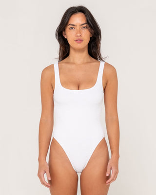 Woman wearing Sandalwood Retro One Piece in Bright White