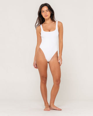 Woman wearing Sandalwood Retro One Piece in Bright White