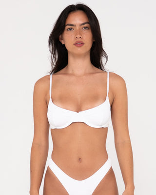 Woman wearing Sandalwood Balconette Bikini Top in Bright White