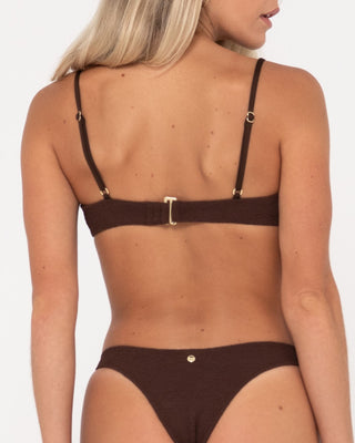 Woman wearing Sandalwood Balconette Bikini Top in Java