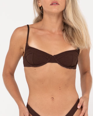 Woman wearing Sandalwood Balconette Bikini Top in Java