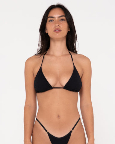 Woman wearing Sandalwood Multiway Bikini Top in Black