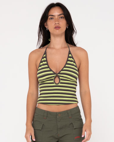 Woman wearing Emma Cut Out Skimmer Tank in Lucid Green