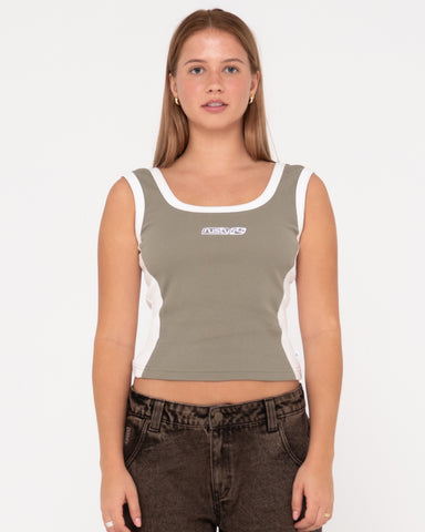 Woman wearing Nineties Ribbed Skimmer Length Tank in Shadow Army