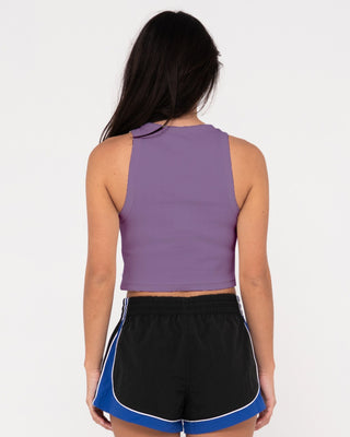 Woman wearing Starry Eyed Skimmer Tank in Purple Nights