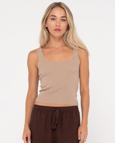 Woman wearing Amelia Scoop Knit Skimmer Tank in Oatmilk