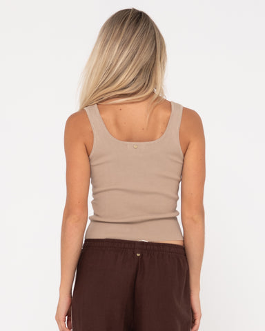 Woman wearing Amelia Scoop Knit Skimmer Tank in Oatmilk