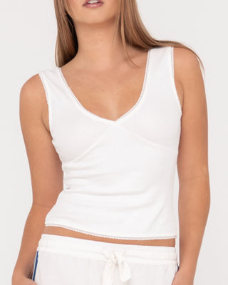 Woman wearing Lacey Vee Neck Tank in White