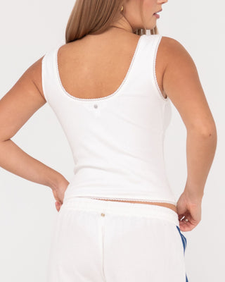 Woman wearing Lacey Vee Neck Tank in White