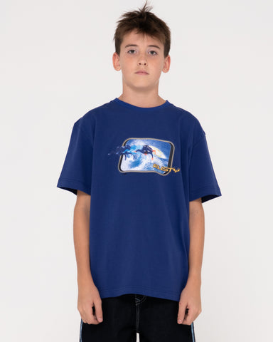 Boy wearing Tidal Kombat Heavy Short Sleeve Tee Boys in Delft Blue