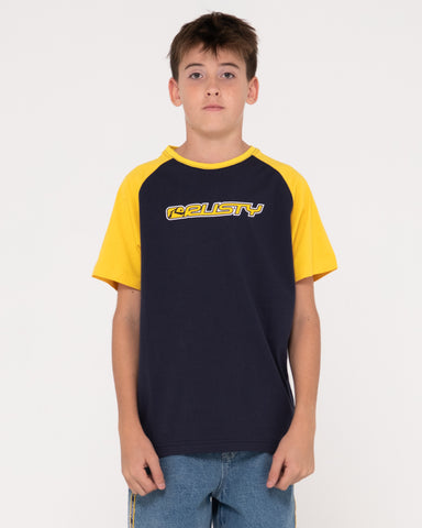 Boy wearing Swaglan Raglan Short Sleeve Tee Boys in Navy Blue