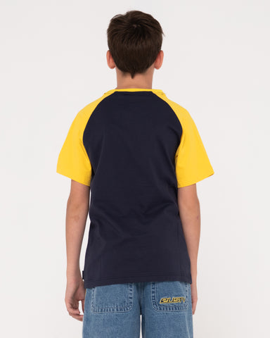 Boy wearing Swaglan Raglan Short Sleeve Tee Boys in Navy Blue