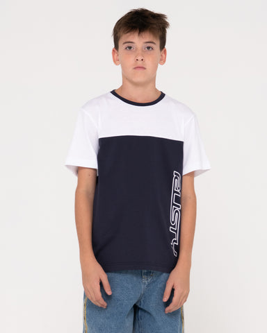 Boy wearing Fool Me Twice Short Sleeve Tee Boys in Navy Blue