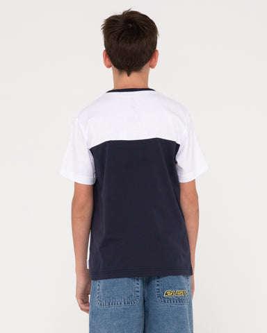 Boy wearing Fool Me Twice Short Sleeve Tee Boys in Navy Blue