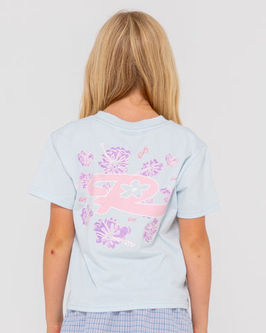 Girl wearing Hibiscus Oversized Tee Girls in Celestial Blue