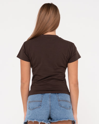 Woman wearing Rusty Essentials Skimmer Baby Tee in Java