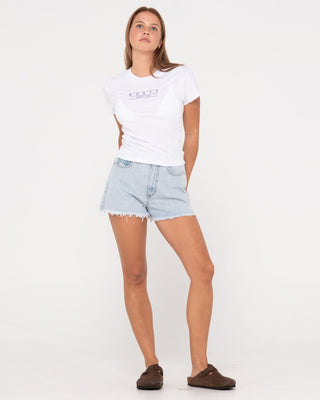 Woman wearing Rusty Essentials Skimmer Baby Tee in White