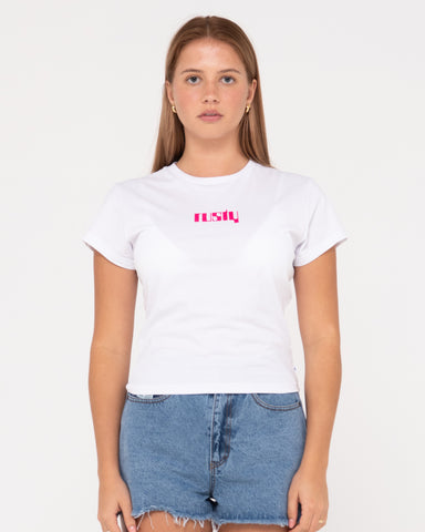 Woman wearing Rusty Ova Skimmer Baby Tee in White