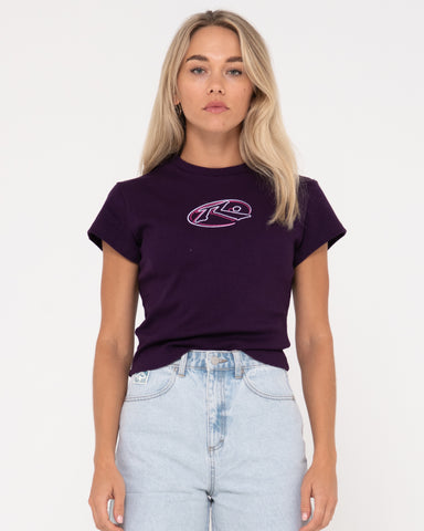 Woman wearing Interstellar Skimmer Baby Tee in Purple Rain