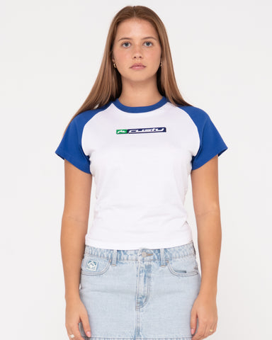 Woman wearing Boston Short Sleeve Skimmer Tee in White